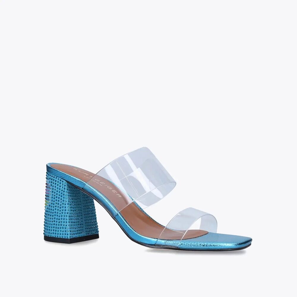 Kurt Geiger London Party Block Sandal Blue Vinyl Straps Size 38 US 7.5 New